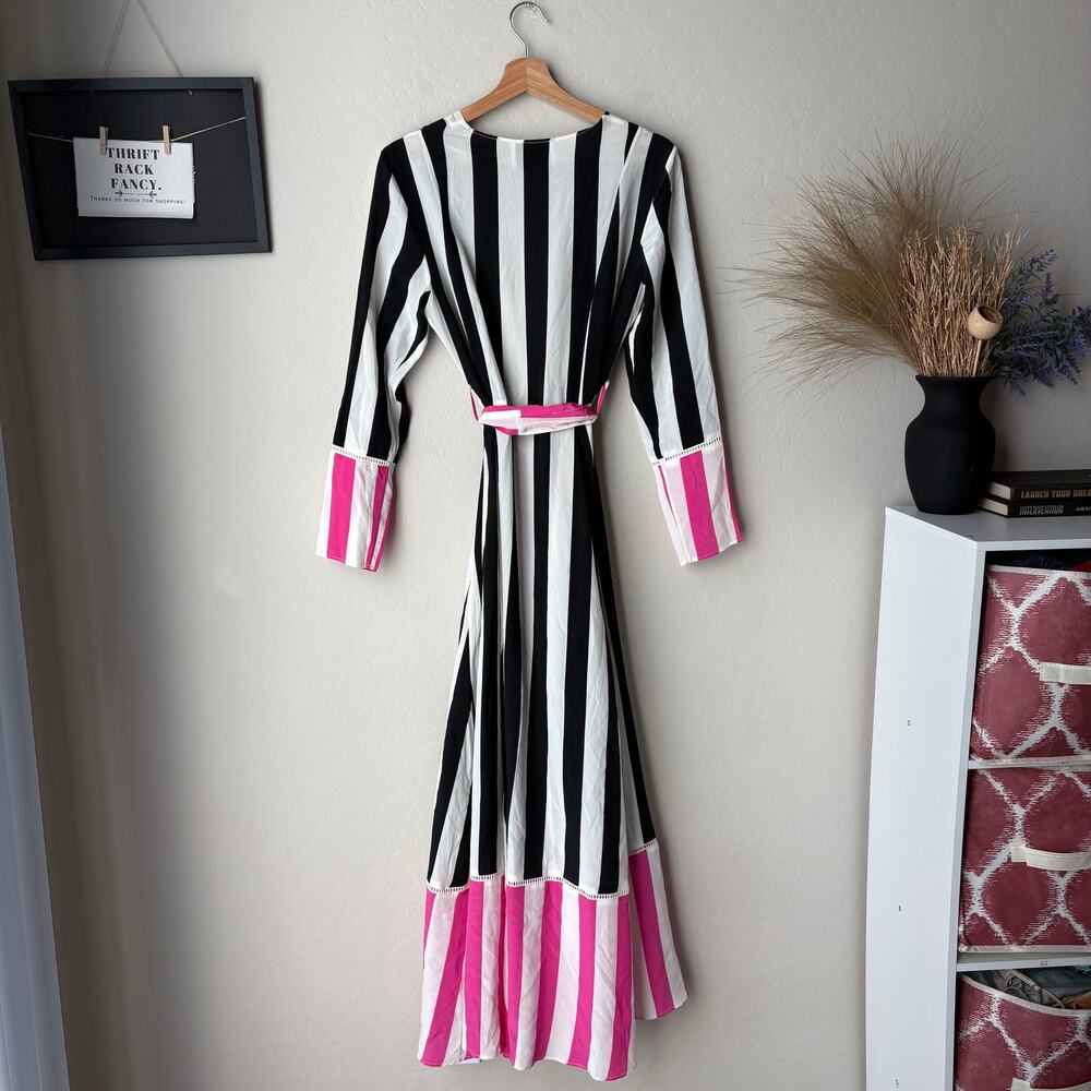 We Are Leone Dress Silk Contrast Maxi Cardigan Striped Belted‎ Long Sleeve S/M - Picture 10 of 14